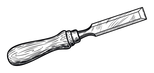 Detailed handdrawn sketch of a sturdy woodworking chisel with a classic wooden handle and sharp metal blade, ideal for craft and carpentry projects or educational illustrations of