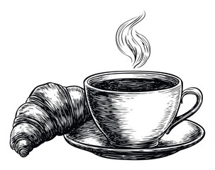 Delicious morning coffee and flaky croissant serving as a classic breakfast menu item for restaurant advertisements, cafe signage, culinary blog graphics, or recipe book covers.