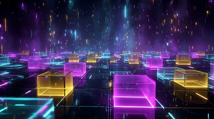 Digital cubes glowing with neon colors on a dark grid, resembling a data flow