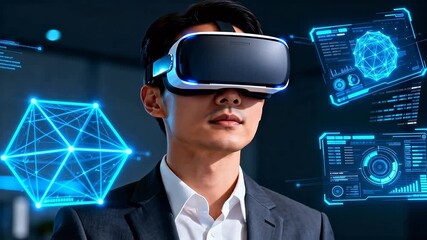 Man wearing virtual reality headset with digital graphics - Powered by Adobe