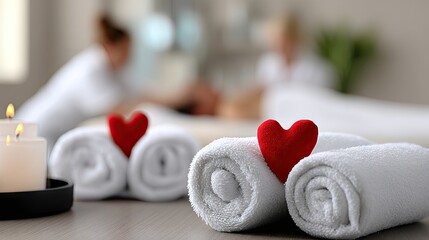 Valentine's day spa setting with blurred couple receiving massage and heart-shaped towels for a romantic experience