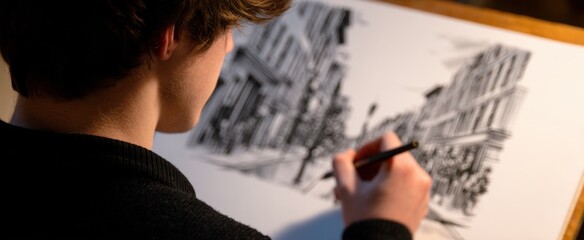 A teen sketches an urban street scene like a painter dancing with the city's whispers.