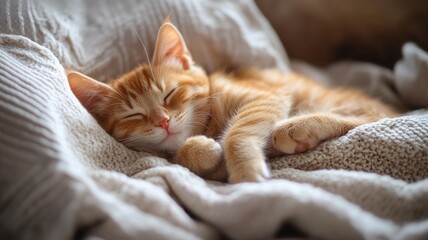 Ginger kitten peacefully sleeping on soft knitted blankets, embodying comfort, warmth, and domestic tranquil life