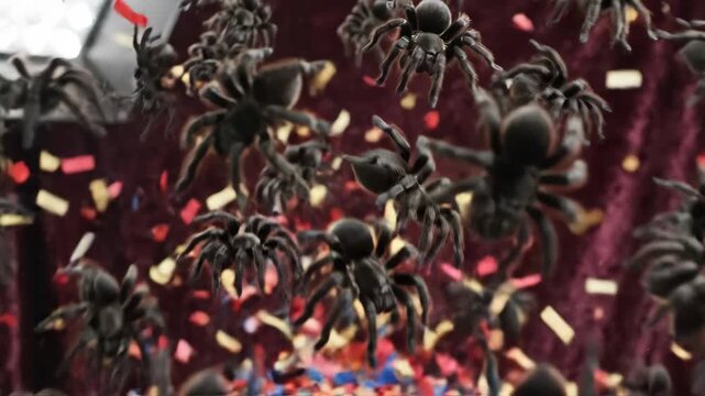 Confetti Explosion Transforming into Black Tarantulas Mid Air 3D Render