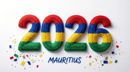 vibrant mauritius 2026 made of 3d embroidered fabric digits with flag motif on bright white background bold 3d celebratory number design perfect for new year posters cards and social media templates