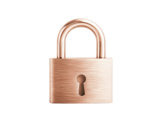 Isolated rose gold padlock with keyhole concept of secure access as a cutout PNG on transparent background