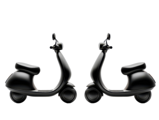 Two sleek black electric scooters displayed on a transparent background for easy compositing in various digital design projects