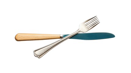 Isolated silver dining fork crossed with a knife featuring a wooden handle and blue blade, provided as a PNG asset on a transparent background