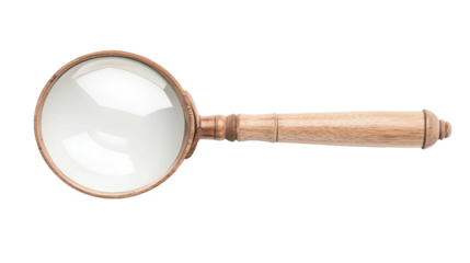 A classic wooden handle magnifying glass for inspection and detailed examination presented as a PNG on transparent background