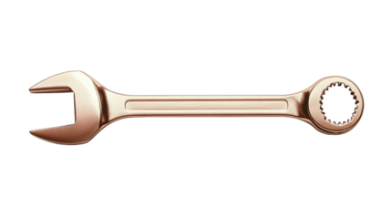A shiny copper toned combination wrench with an open end and a box end, presented as a crisp PNG on a transparent background