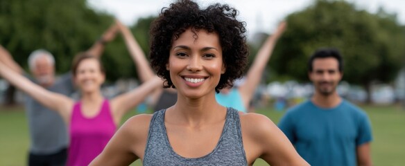 A fitness group is a flock of energetic birds soaring through the green park sky.