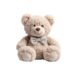 Obraz premium Adorable soft fluffy light brown plush bear toy with a sparkling gray bow tie sitting isolated as a clean PNG file on transparent background for creative design projects