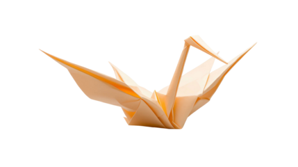 Light orange origami paper crane gracefully folded as an isolated PNG on a transparent background