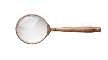Magnifying glass with wooden handle and clear lens isolated as a PNG for inspection and discovery