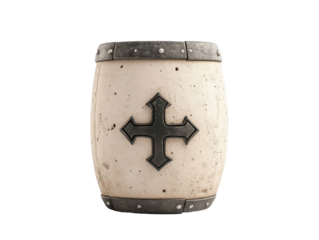 Grungy stone barrel with aged metal bands and a prominent directional cross symbol, provided as a PNG on transparent background
