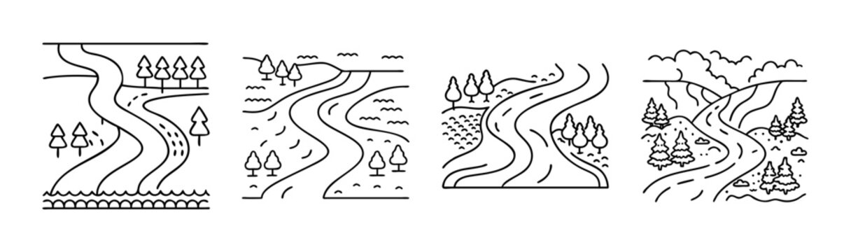 Set of minimal line art icons illustrating winding rivers flowing through natural landscapes with trees