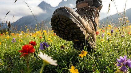 Hiker's journey through wildflowers