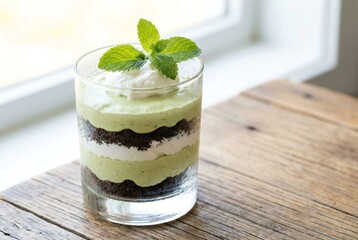 Layered green dessert parfait in a glass with mint garnish. Sweet treat on rustic wood table, bakery display concept.