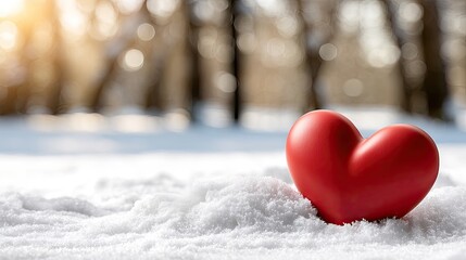 Fototapeta premium Red heart shape rests on snow with sunlight shining through trees in snowy forest for a Valentine's Day theme