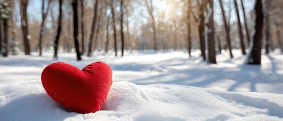 Fototapeta premium Red heart placed in snow among trees in sunlight for a romantic Valentine celebration