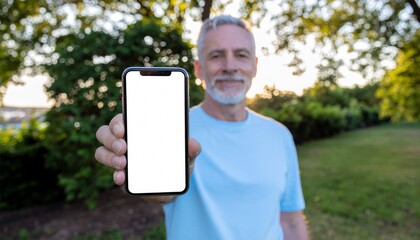 A senior man holding a modern smartphone with a blank screen, smiling in a serene park setting, suggesting technology's seamless integration into a healthy lifestyle and modern age. 
