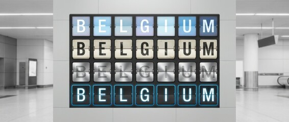 belgium airport split flap display title set with the word belgium spelled across flipboard tiles includes four different board styles