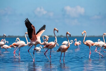 A beautiful flock of pink flamingos wading gracefully in tranquil blue water under a clear sky