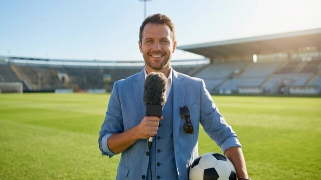 Portrait of a smiling sports reporter holding a microphone and soccer ball in a stadium. Professional commentator standing on the football pitch ready for a broadcast