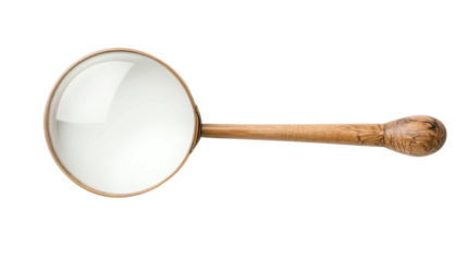 Magnifying glass with wooden handle as a PNG cutout on transparent background for clear detailed inspection