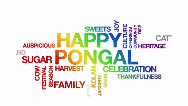 Happy Pongal concept Animated Tag Word Cloud kinetic typography, Text Design Animation typography seamless loop video motion graphics Intro Wordart text reveal rainbow type on white background