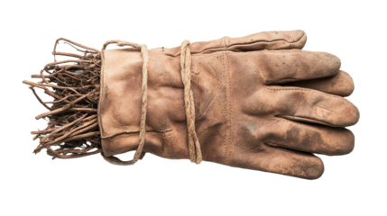 A well worn and dirty brown leather work glove tied with a rustic rope, holding a bundle of dried branches and twigs, cut out for compositing