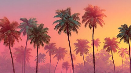 Obraz premium A serene row of majestic palm trees stretches across a tropical scene under a vivid gradient sunset.