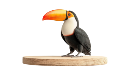 A vibrant toucan with a bright orange beak and white chest stands on a wooden base, provided as a PNG on transparent background