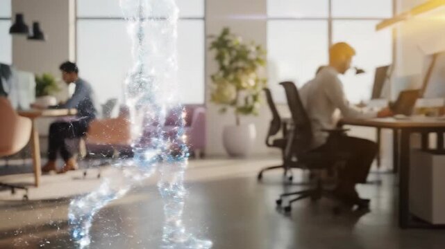 In a modern sunlit office, a luminous digital human figure walks past employees, symbolizing digital transformation and the future of business