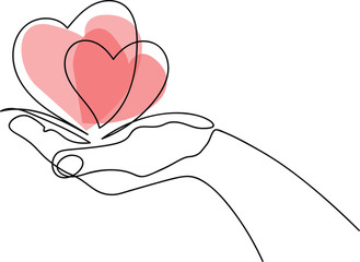 Hand holding heart sign. A continuous line art illustration of a gentle hand holding two overlapping hearts symbolizing love and care. This minimalist continuous line art illustration depicts a gracef