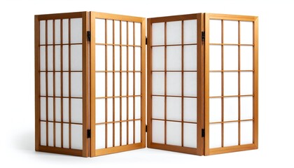 A four-panel, wooden folding screen with grid-pattern translucent panels