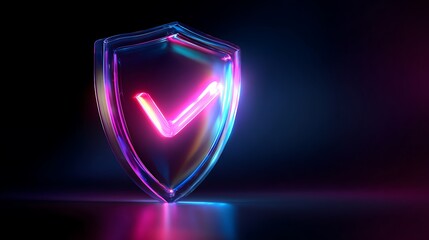 Neon shield with a glowing checkmark against a dark, reflective background