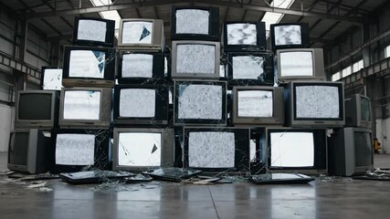 Pile of Broken Televisions Playing Static in Abandoned Warehouse 4K - Powered by Adobe
