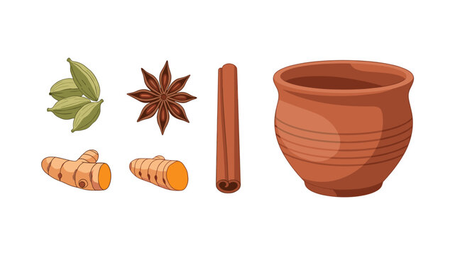 An inviting collection of aromatic chai spices including cardamom, star anise, cinnamon, and turmeric, alongside a traditional clay cup.