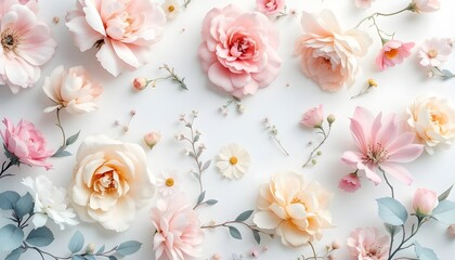 Delicate light pink roses and botanical leaves on a white background creating a fresh and romantic floral background. 