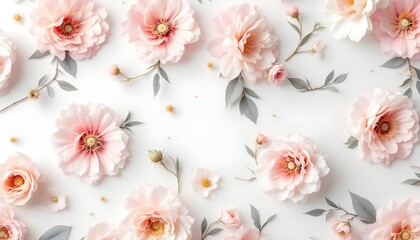 Top view of many pink flowers scattered on a white surface   creating a bright and airy floral flat lay background.