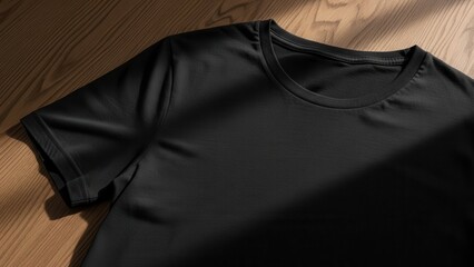 Plain black t-shirt mock-up lying flat on a wooden floor with dappled sunlight. Concept of simple fashion and design