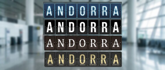 Obraz premium andorra airport split flap display title set with the word andorra spelled across flipboard tiles includes four different board styles