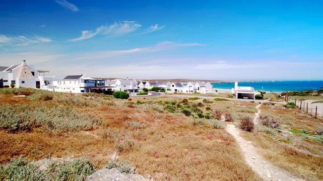 Whitewashed holiday homes of Paternoster on the Cape West Coast, wide shot