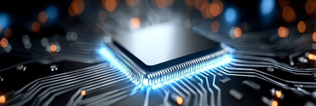 High-Tech Computer Chip Component with Blue Light Technology for Advanced Data Processing Systems - Powered by Adobe