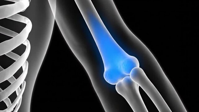 3D rendering of human arm bones with highlighted humerus and elbow joint on a dark background.