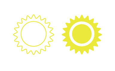Yellow sun icon set, sunshine and solar glow, sunrise or sunset. 
