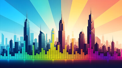 Obraz premium City skyline as colorful equalizer at sunset