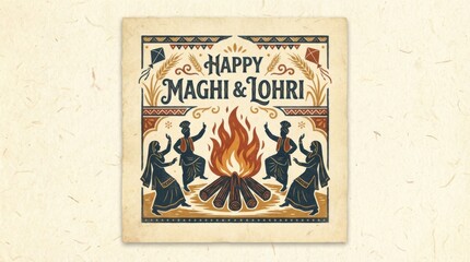 decorative maghi and lohri square poster template illustration template featuring bonfire with people silhouettes dancing around on textured background that looks like fine paper