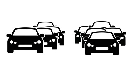 Stylized vector graphic depicting two distinct groups of black car silhouettes, symbolizing urban traffic, transportation challenges, or automotive collections